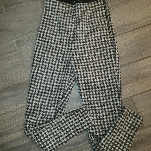 ZARA Houndstooth Skinny Pants Black White Check Stretch Ankle Small - Picture 3 of 6